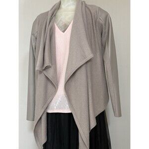 VERA WANG Simply Vera Open Cardigan Small Beige Taupe Faux Leather Sleeve Patch
